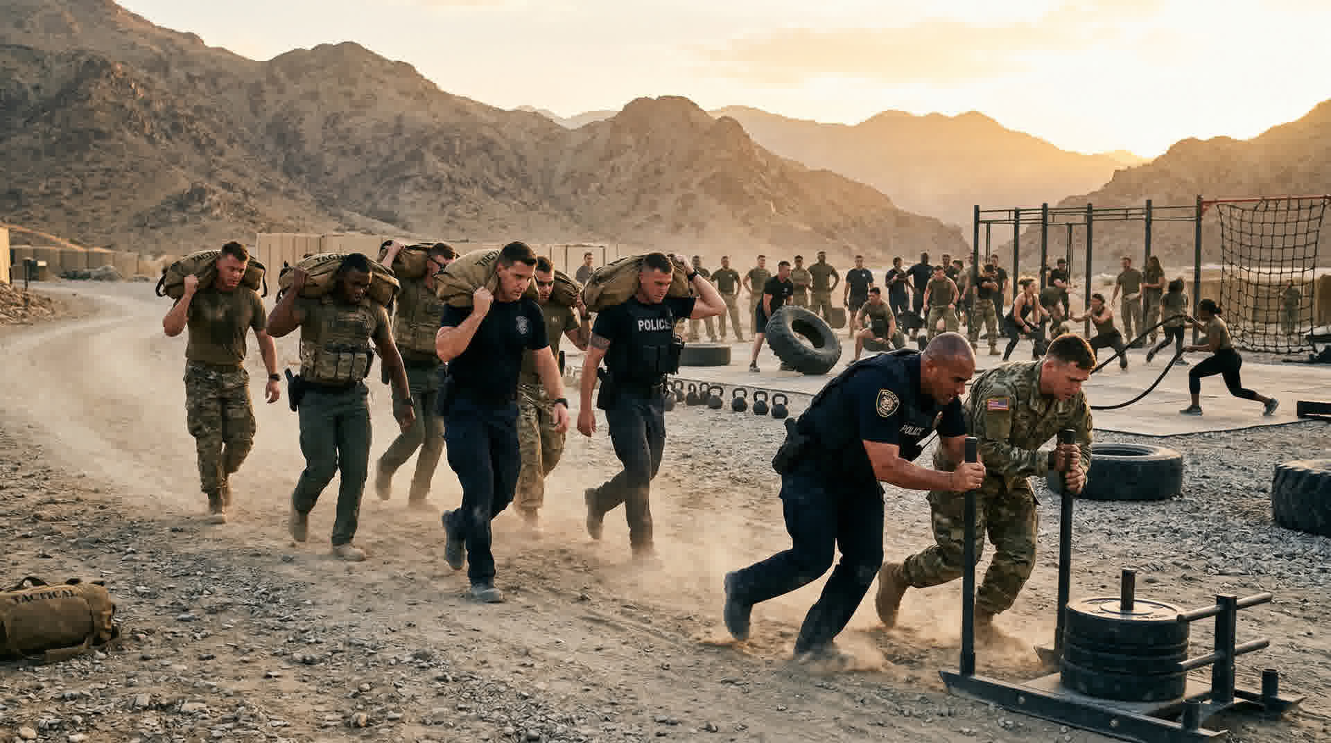 Law enforcement officers and military personnel training together outdoors with mountains in background